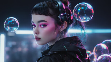 Naklejka premium Woman Wearing Headphones and Black Jacket