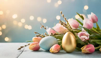 Fotobehang spring flowers and colorful easter egg with pastel blue background © Susan
