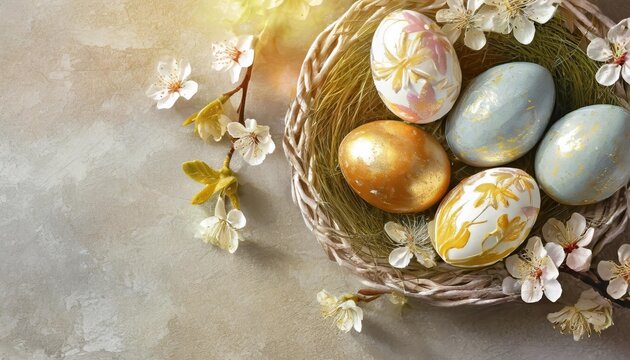 hand painted floral easter eggs banner background copy space paschaltide eastertide image backdrop empty religious eastereggs easter themed concept composition top view copyspace