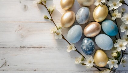 Obraz na płótnie Canvas happy easter stylish easter eggs with spring flowers border flat lay on white wooden background with space for text modern easter eggs painted with natural dye in blue and grey marble
