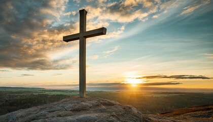 christian cross over beautiful sunset background
