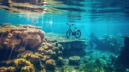 Papier Peint photo Destinations nice view under water of the sea there is one bicycle stand in 8k photography