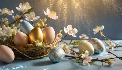 Fototapeta na wymiar easter background with easter eggs and spring flowers on blue table