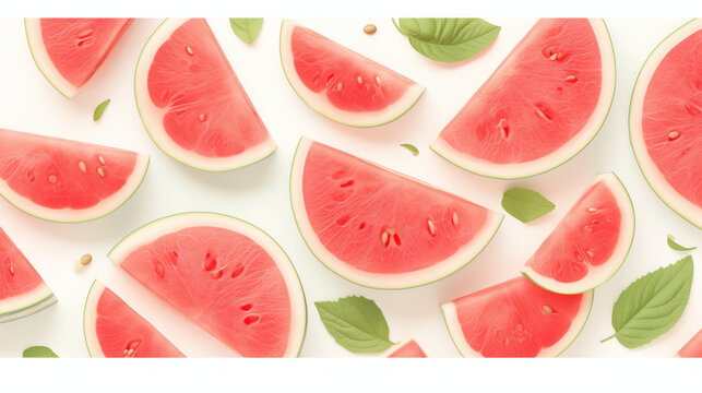 Sliced watermelon slices and green basil leaves on a light background