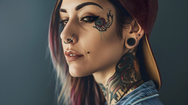 Side view of a young, trendy woman with visible tattoos and a flesh tunnel piercing, showing alternative style
