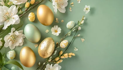 Fotobehang happy easter flat lay composition easter eggs with flowers on pastel green background easter card design template © Susan