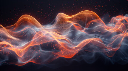 Abstract image with dynamic wavy lines of orange-red color, similar to flames, on a dark background - obrazy, fototapety, plakaty
