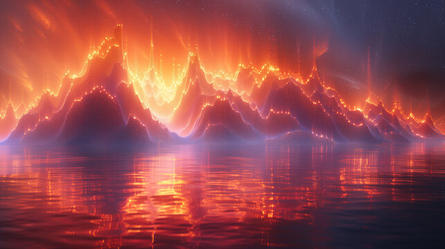 A Bright Abstract Image Reminiscent Of Burning Mountains Reflected On A Water Surface