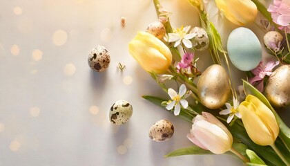 beautiful easter composition with spring flowers and colorful quail eggs over white background...