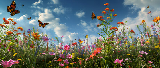 A sweeping field of wildflowers with monarch butterflies fluttering under a vast blue sky with clouds - obrazy, fototapety, plakaty