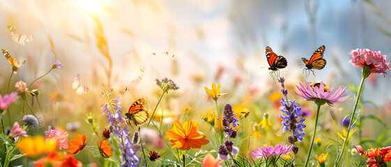 Early morning sunrise with sunlight streaming on flowers and butterflies in a peaceful meadow