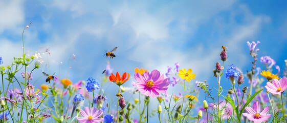 A picturesque scene with a clear blue sky and fluffy white clouds complementing a meadow full of various colorful flowers