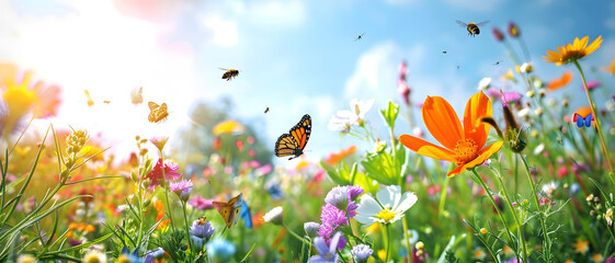 An idyllic summer landscape capturing the essence of a sunny day with bright butterflies and varied wildflowers - obrazy, fototapety, plakaty