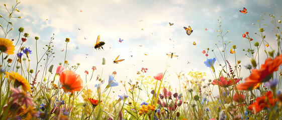 A panoramic view of a wildflower field with butterflies and blue sky, creating a sense of wonder