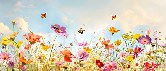 An idyllic depiction of a meadow filled with vivid flowers and butterflies basking in the sunshine