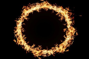 Circular frame of flames on black background, fiery circle created by burning fire