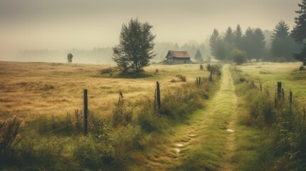 Vintage photo of vibrant landscape with foggy meadow in Poland.