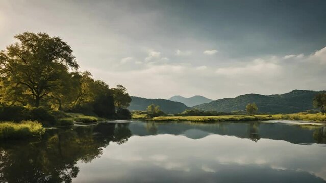 Reflection in the lake of forest with clouds landscape serenity in nature 4k HDR