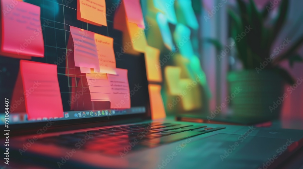 Poster a vibrant workspace with neon-lit post-it notes on a computer monitor, reflecting a creative and org