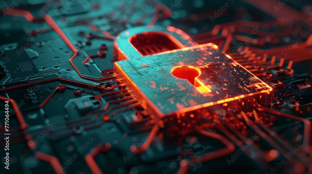 Poster futuristic cybersecurity hologram over a server rack in a data center illustrating network protectio