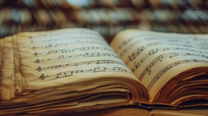 Close-up view of an open sheet music book with classical music notation, capturing the essence of...