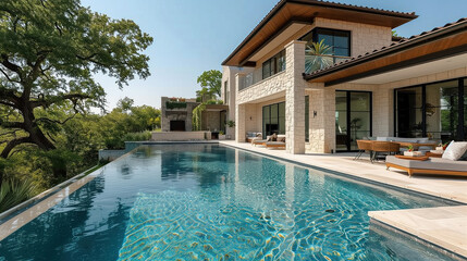 Fototapeta na wymiar Luxurious modern home with an infinity pool overlooking a lush forest