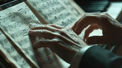 An evocative scene of a pianist's hands interacting with a page of classical sheet music,...