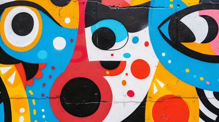 Vibrant and abstract street art mural featuring a collage of cartoon-like faces on a city wall.
