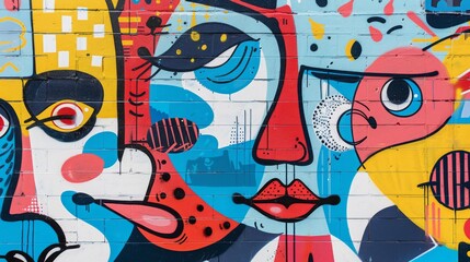 A city wall comes alive with a vibrant and abstract street art mural, showcasing a collage of cartoon-like faces.