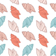 Seamless pattern of sea shells. Seashells of pastel colors on a white background. Vector