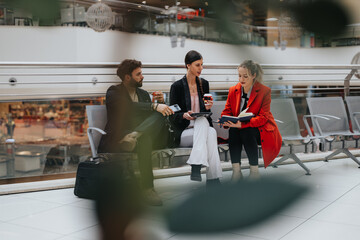 Two businesswomen and a businessman engage in a casual meeting while waiting at an airport lounge,...