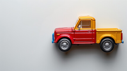 Model of a toy pickup truck with a red cab and yellow cargo compartment on a light-colored background