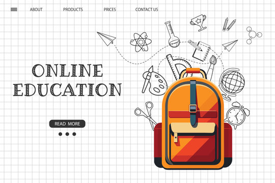 Online education website template. E-learning concept banner. School backpack with various science icons on a checkered background. Illustration, template for landing page. Vector