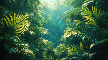 Lush green rainforests with bright rays of light shining through the foliage - obrazy, fototapety, plakaty