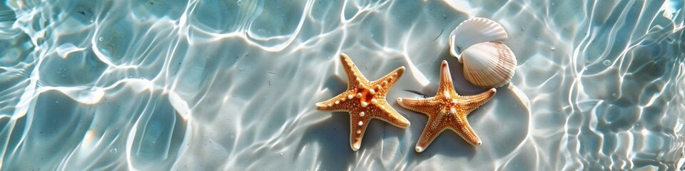 serene seashore with starfish and seashells in golden light
