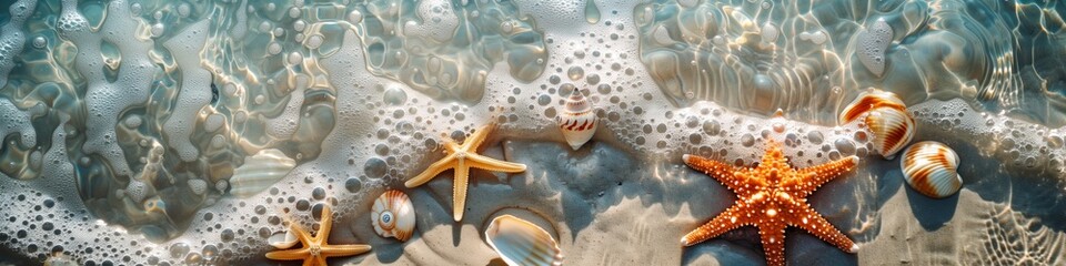 sunlight dancing on bubbles and starfish at the ocean edge