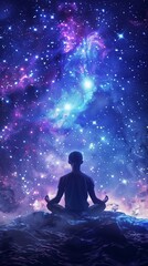 person in meditation silhouette against cosmic nebula backdrop