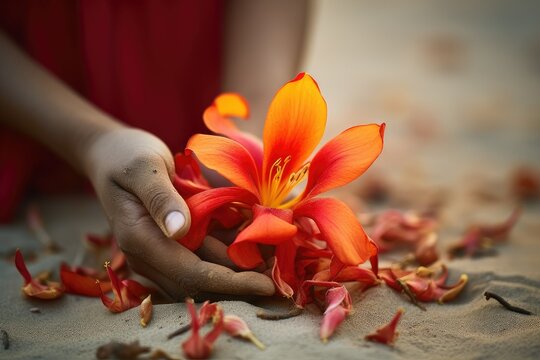 A person delicately holds a vibrant Bombax ceiba flower in their hand, showcasing its beauty and symbolism in nature. Generative AI