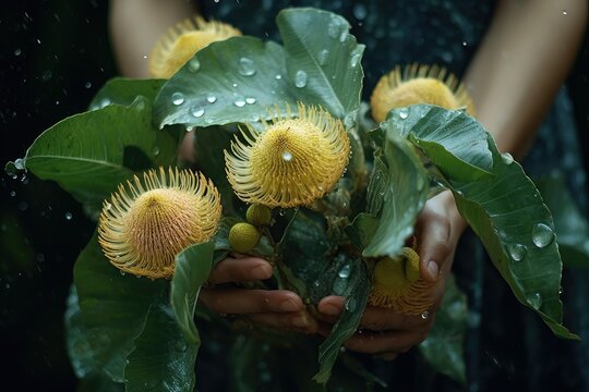 A person delicately cradles a vibrant bunch of burf flowers in their hands, admiring the colorful petals and fresh aroma. Generative AI