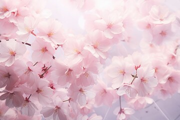 Close up of vibrant pink cherry blossoms blooming on a tree, swaying gently in the wind. Generative AI