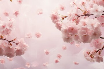 Pink cherry blossoms bloom on a tree in a close-up shot, showcasing delicate petals and the beauty of spring. Generative AI
