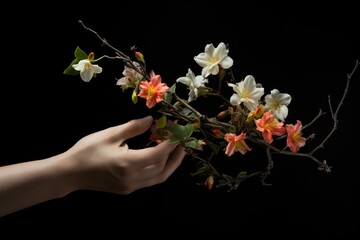 A person delicately cradles a branch adorned with vibrant flowers, showcasing a connection to the beauty of nature. Generative AI