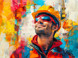 Obraz na płótnie Canvas A smiling man worker in safety helmet and sunglasses, looking up with hope. Vibrant digital artwork style. Perfect for Labor Day banners and with ample copy space