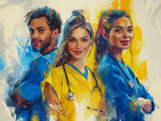 Happy healthcare team , woman and men in digital graffiti and pop art style. Labor Day with commitment and unity, copy space