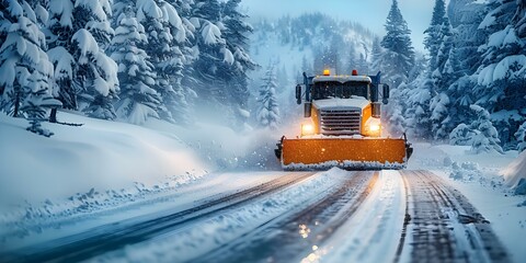 Snow Plow Truck Ensuring Road Safety After Blizzard in Winter Conditions. Concept Snow Plow Truck, Road Safety, Blizzard, Winter Conditions, Clearing Snow - obrazy, fototapety, plakaty