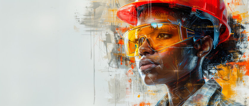 Female worker wearing hard hat and safety glasses representing professionality,   Labor Day banner , digital painting style with dynamic, colorful background, copy space
