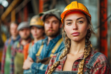 Focused woman construction worker with her team in the background, epitomizing leadership and empowerment, ideal for Labor Day communication , copy space