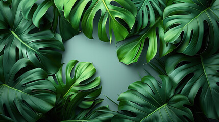 A composition of green tropical monstera leaves creating a circular frame around a central empty space