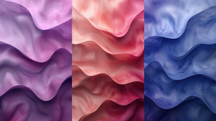 Three vertical stripes with abstract waves in different shades: purple, pink and blue - obrazy, fototapety, plakaty