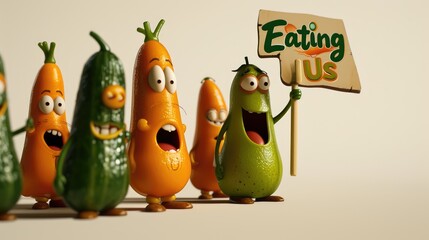 Naklejka premium Joyful produce: cartoon characters, happy cute vegetables, and fruits holding a sign 'Eating Us.' A whimsical portrayal promoting the concept of proper nutrition and a healthy lifestyle.